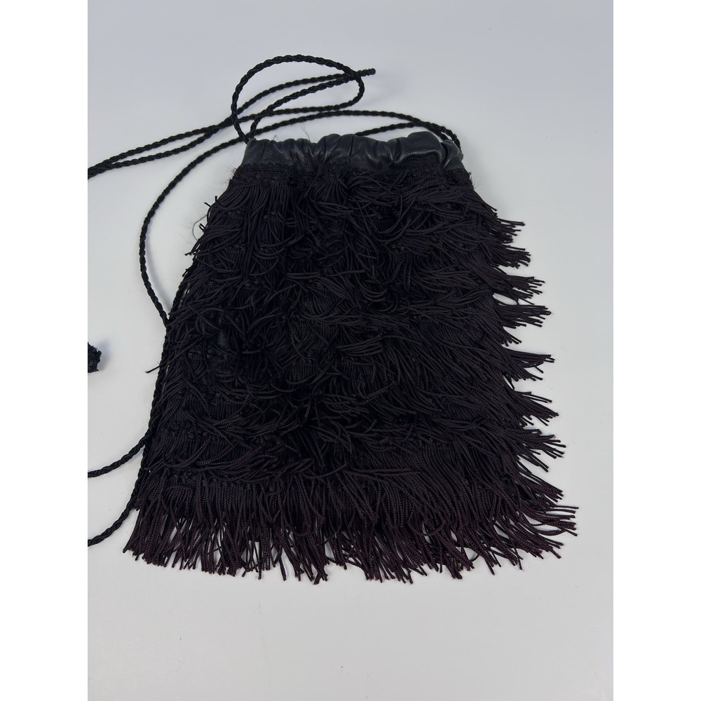 Vintage Flapper Style Black Fringe Evening Bag Rhinestone Beaded Crossbody - Picture 2 of 8